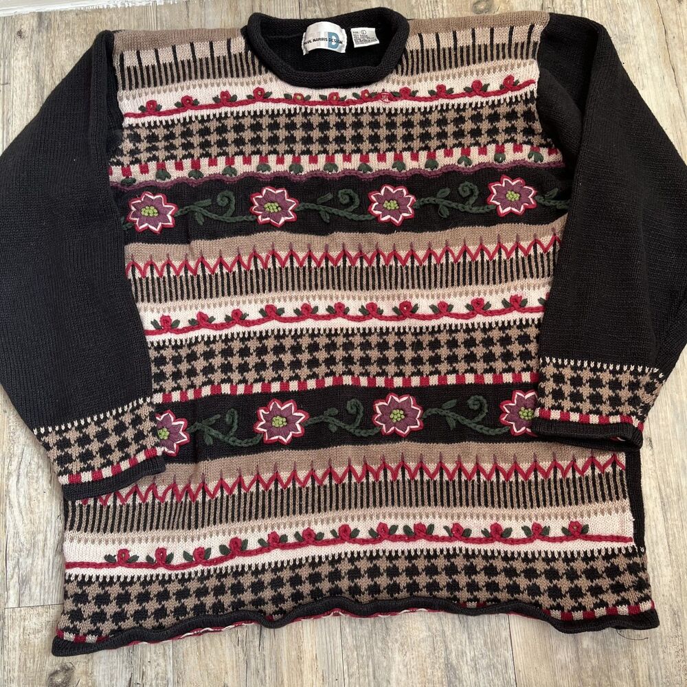 Paul Harris Design Vintage Knit Sweater Women's L Floral Embroidered Black Pink